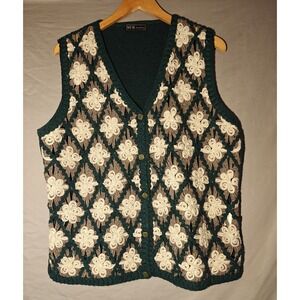 SUK‎ Fashion Green Floral cashmere blend Crochet Knit Sleeveless Vest large